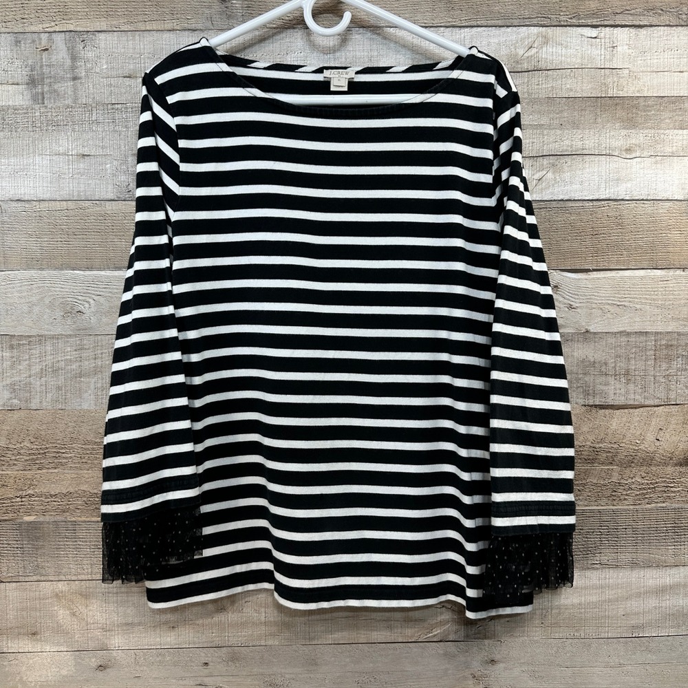 J.‎ Crew Womens XL Black White Striped Top Tulle Polka Dot Ruffle Sleeve Knit